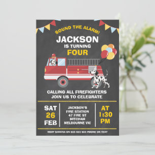 Chalkboard Red Firefighter Fire-Engine Birthday Invitation