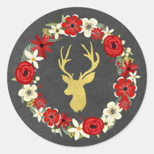 Chalkboard Red Floral Wreath Gold Deer Christmas Classic Round Sticker