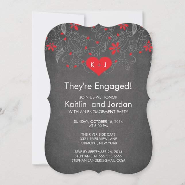 Chalkboard Red Heart with Flower Engagement Party Invitation (Front)