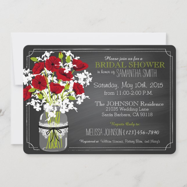 Chalkboard Red Poppies Jar Bridal Shower Invitation (Front)
