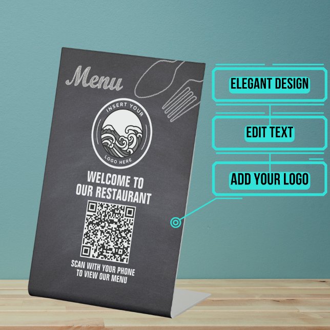 Chalkboard Restaurant Menu QR Code Pedestal Sign (This QR Code placard table pedestal sign can be placed anywhere & scanned by your customers.)