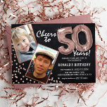 Chalkboard RoseGold Balloons 2 Photo 50th Birthday Invitation<br><div class="desc">Celebrate the milestone of stepping into the magnificant 50s with these unique 'Chalkboard Rose Gold Balloons 50th Birthday Invitations'. Enriched with a rustic chalkboard background and shimmering faux rose gold glitter flecks, these invites exude vintage charm and modern elegance. Upload a then-and-now photo of the birthday star and customise the...</div>
