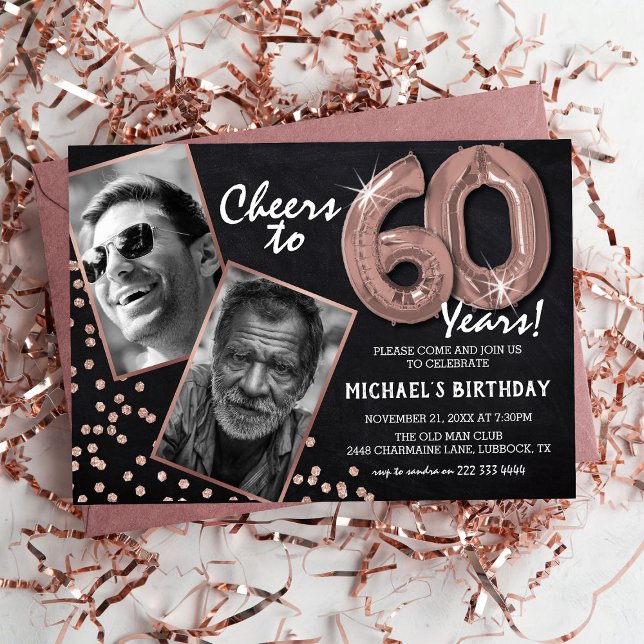 Chalkboard RoseGold Balloons 2 Photo 60th Birthday Invitation (Creator Uploaded)