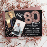 Chalkboard RoseGold Balloons 2 Photo 80th Birthday Invitation<br><div class="desc">Celebrate the milestone of stepping into the magnificant 80s with these unique 'Chalkboard Rose Gold Balloons 80th Birthday Invitations'. Enriched with a rustic chalkboard background and shimmering faux rose gold glitter flecks, these invites exude vintage charm and modern elegance. Upload a then-and-now photo of the birthday star and customise the...</div>