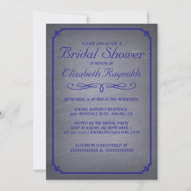 Chalkboard Royal Blue Bridal Shower Invitations (Front)