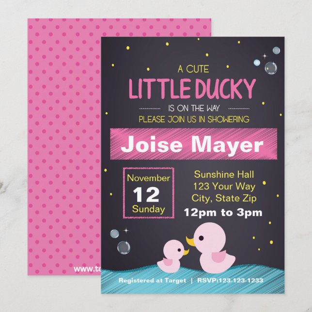 Chalkboard Rubber Ducky Invitation (Girl) (Front/Back)