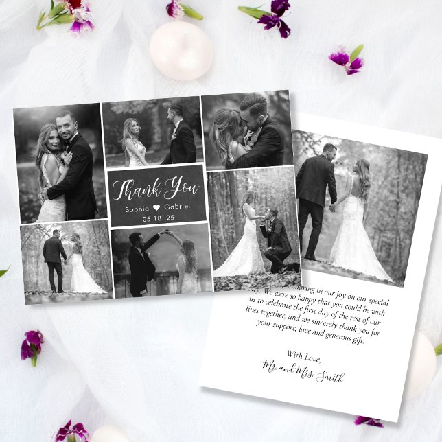 Chalkboard Rustic Black White Collage Wedding  Thank You Card (Creator Uploaded)