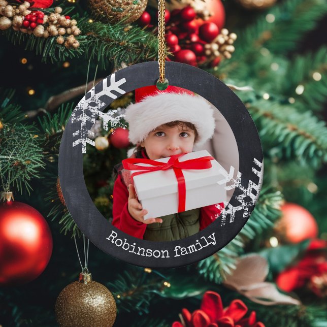 Chalkboard Rustic Circle Photo Snowflakes Ceramic Tree Decoration (Rustic snowflake family holiday keepsake photo ornament perfect for gifts to bring joy to others.)