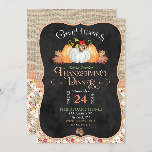 Chalkboard Rustic Country Thanksgiving Burlap Lace Invitation (Front/Back)