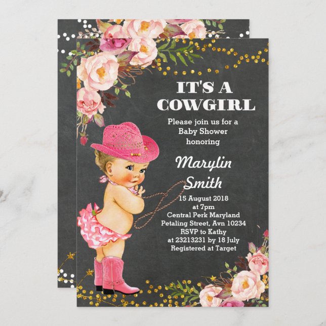 Chalkboard Rustic Cowgirl Baby Shower Card (Front/Back)