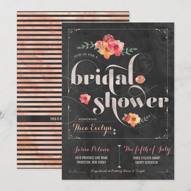 Chalkboard Rustic Floral Bridal Shower Invitation (Front/Back)