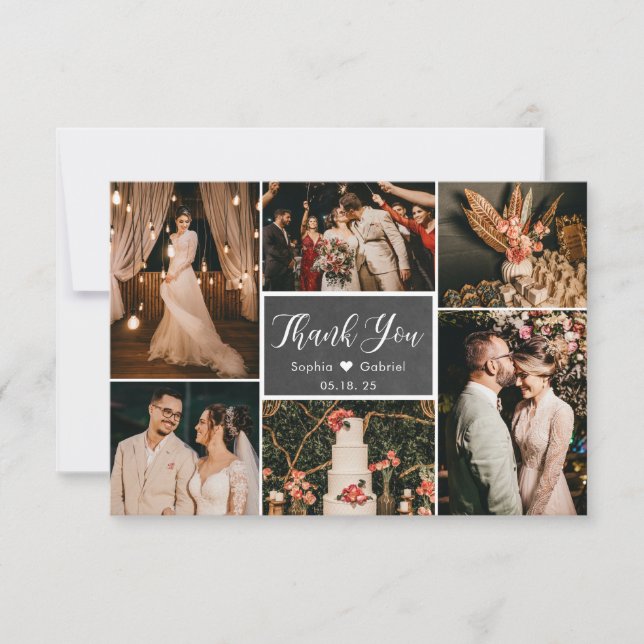 Chalkboard Rustic Multi Photo Collage Wedding  Thank You Card (Front)