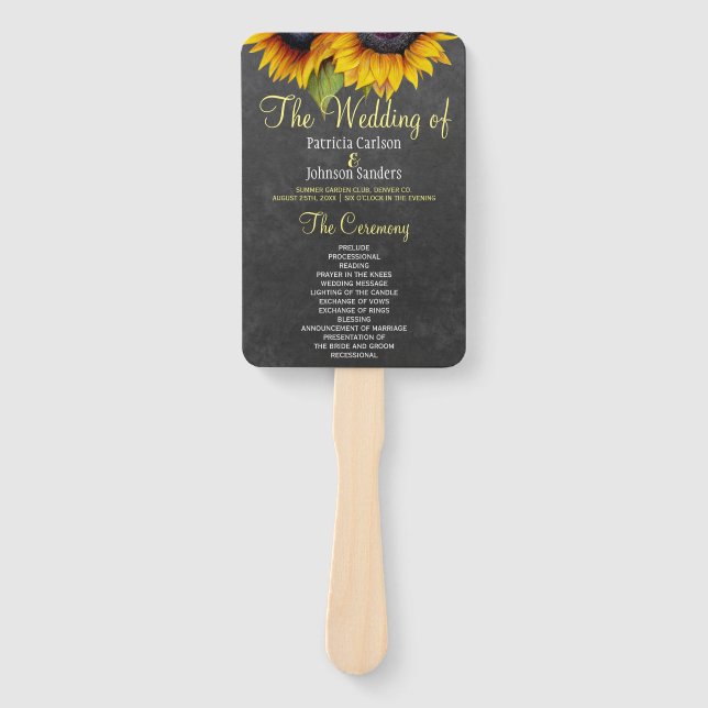 Chalkboard rustic sunflowers chic wedding program hand fan (Front)