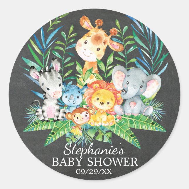 Chalkboard Safari Animal Baby Shower Favour Sticke Classic Round Sticker (Front)