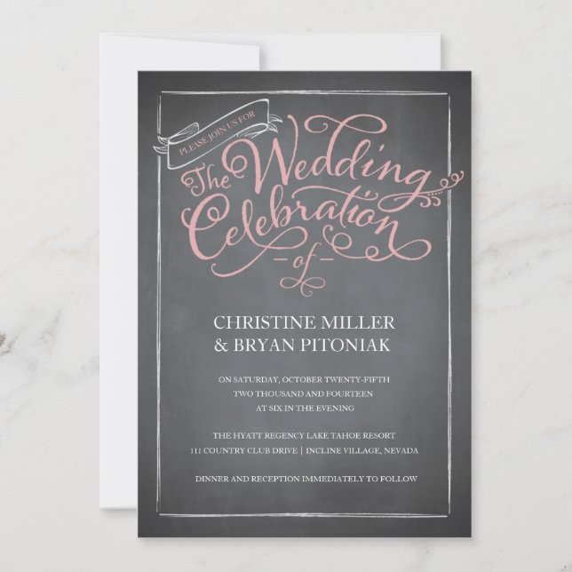 Chalkboard Script Pink Wedding Invitation (Front)