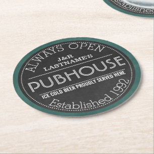 Chalkboard Sign Personalised Couple Pubhouse Round Paper Coaster