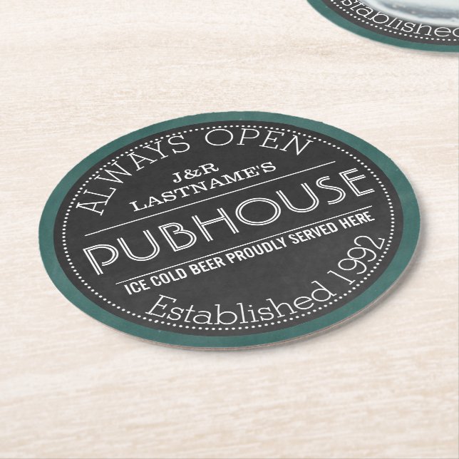 Chalkboard Sign Personalised Couple Pubhouse Round Paper Coaster (Angled)