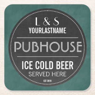Chalkboard Sign Personalised Couple Pubhouse Square Paper Coaster