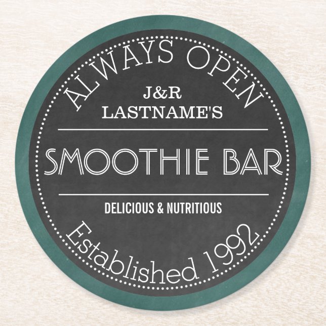 Chalkboard Sign Personalised Couple Smoothie Bar Round Paper Coaster (Front)
