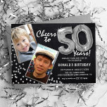 Chalkboard Silver Balloons 2 Photo 50th Birthday Invitation<br><div class="desc">Celebrate the milestone of stepping into the magnificent 50s with these unique 'Chalkboard Silver Balloons 50th Birthday Invitations'. Enriched with a rustic chalkboard background and shimmering faux silver glitter flecks, these invites exude vintage charm and modern elegance. Upload a then-and-now photo of the birthday star and customise the easy-to-use template...</div>