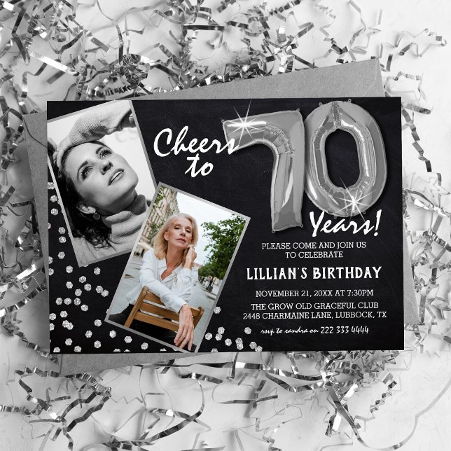 Chalkboard Silver Balloons 2 Photo 70th Birthday Invitation (Creator Uploaded)