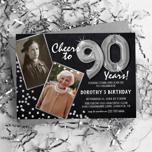 Chalkboard Silver Balloons 2 Photo 90th Birthday Invitation (Creator Uploaded)