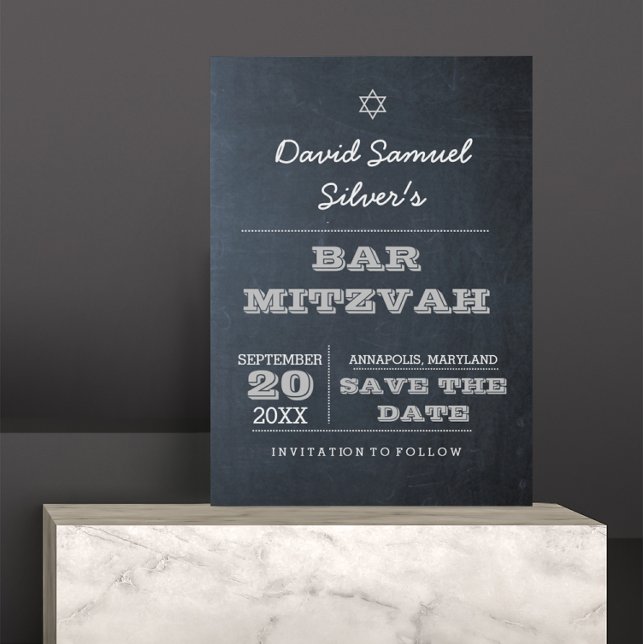 Chalkboard Silver Bar Mitzvah Save the Date Card (Creator Uploaded)