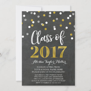 Chalkboard Silver Gold Confetti Graduation Party Invitation