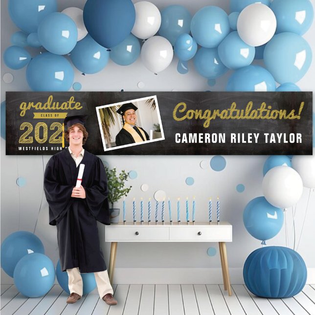Chalkboard Sketch 2025 Photo Graduation Party Banner (2024 Black Chalkboard & Gold Sketch 1 Photo, Graduation Party Banner @ www.zazzle.com/color_therapy)