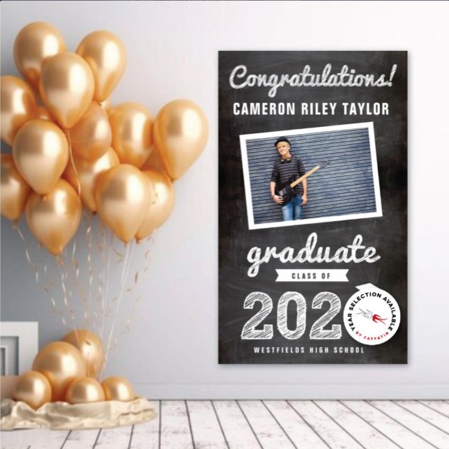 Chalkboard Sketch 2025 Photo Graduation Party Banner (20YY White Sketch Chalkboard One Photo Modern Graduation Party Banner @ www.zazzle.com/color_therapy)