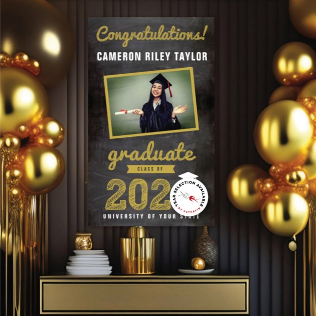 Chalkboard Sketch 2025 Photo Graduation Party Banner (20YY Gold Sketch Chalkboard One Photo Modern Graduation Party Banner @ www.zazzle.com/color_therapy)