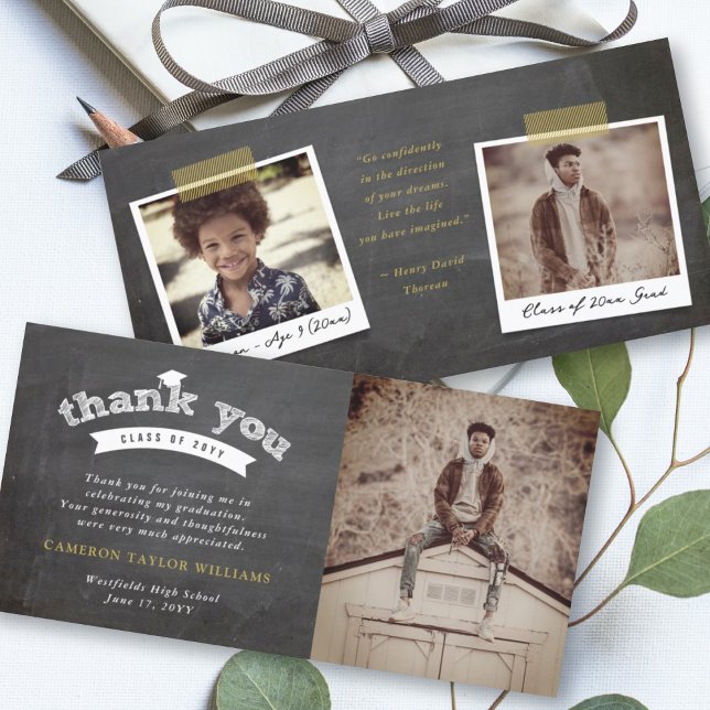 Chalkboard Sketch Typography Graduation Cap Photo Thank You Card (Creator Uploaded)