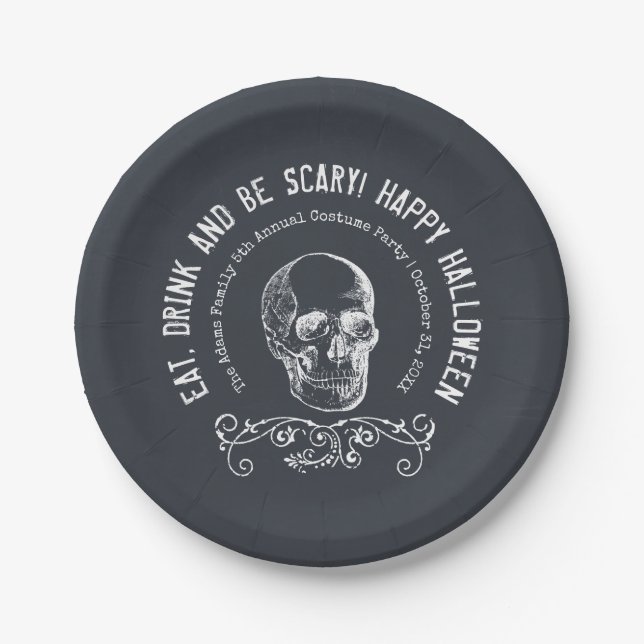 Chalkboard Skull Personalised Halloween Party Paper Plate (Front)