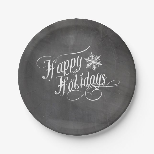 Chalkboard Snowflakes | Happy Holidays Paper Plate (Front)