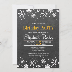 Chalkboard snowflakes rustic birthday party invitation