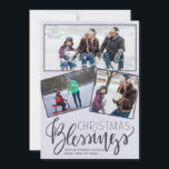 Chalkboard snowing Christmas blessings 3 photos Holiday Card<br><div class="desc">Family seasonal holiday greetings three framed photos card on a dark grey chalkboard like background with falling snow and "Christmas Blessings" typography script.        Easy to personalise with your photos and signature!</div>