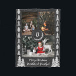 Chalkboard Snowy Christmas Trees Holiday Fleece Blanket<br><div class="desc">Let it snow with this rich, jewel-tone holiday collection. Customizable photos are the focus of the design, embellished with a festive, single-letter Christmas monogram. Pine trees accent the corners, and snow falls in the background to add texture. A customizable greeting in a farmhouse script adds a whimsical feel to the...</div>