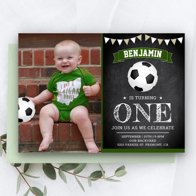 Chalkboard Soccer 1st First Birthday Party Photo Invitation (Creator Uploaded)