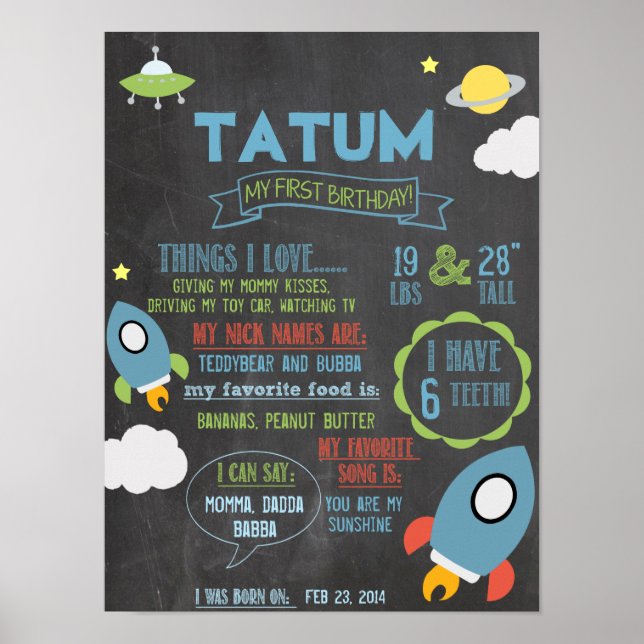 Chalkboard Spaceship personalized 1 year poster (Front)