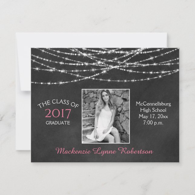 Chalkboard Sparkle String Lights Photo Graduation Announcement (Front)