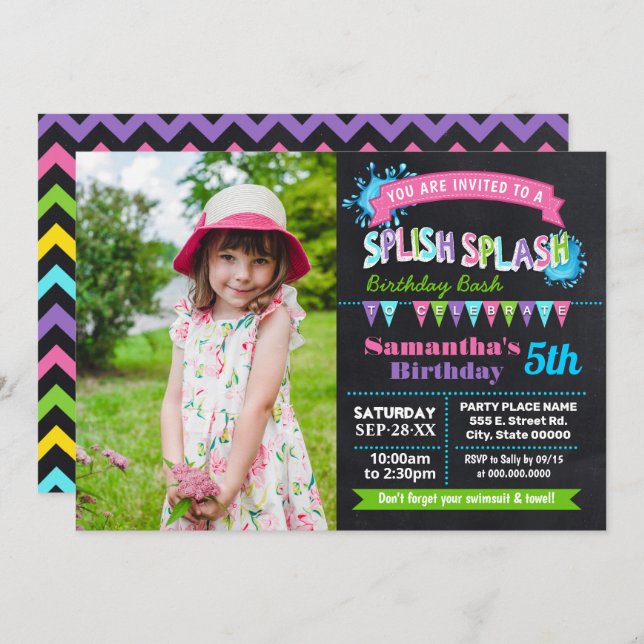Chalkboard Splish splash birthday bash pink photo Invitation (Front/Back)