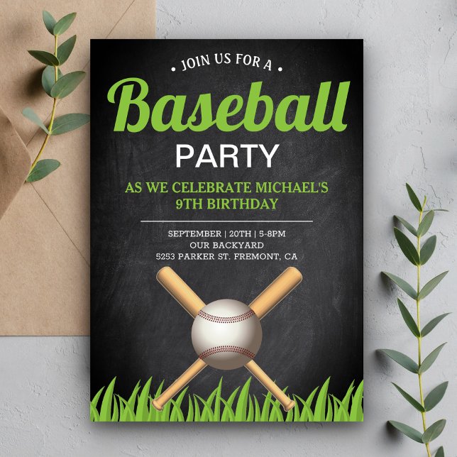 Chalkboard Sports Kids Baseball Birthday Party Invitation (Creator Uploaded)