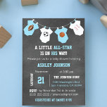 Chalkboard Sports Little ALL-STAR Baby Shower Invitation<br><div class="desc">Awesome and unique sports theme little ALL-STAR baby shower invitations for boys.  Football,  soccer,  basketball and baseball on chalkboard background and hanging baby jumpsuits.  Blue and white colours.  Editable text. Get matching stickers!</div>