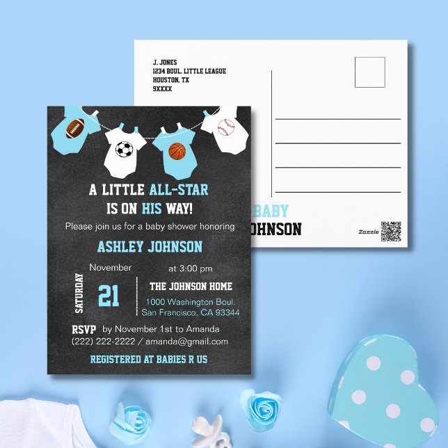 Chalkboard Sports Little ALL-STAR Baby Shower Postcard (Creator Uploaded)