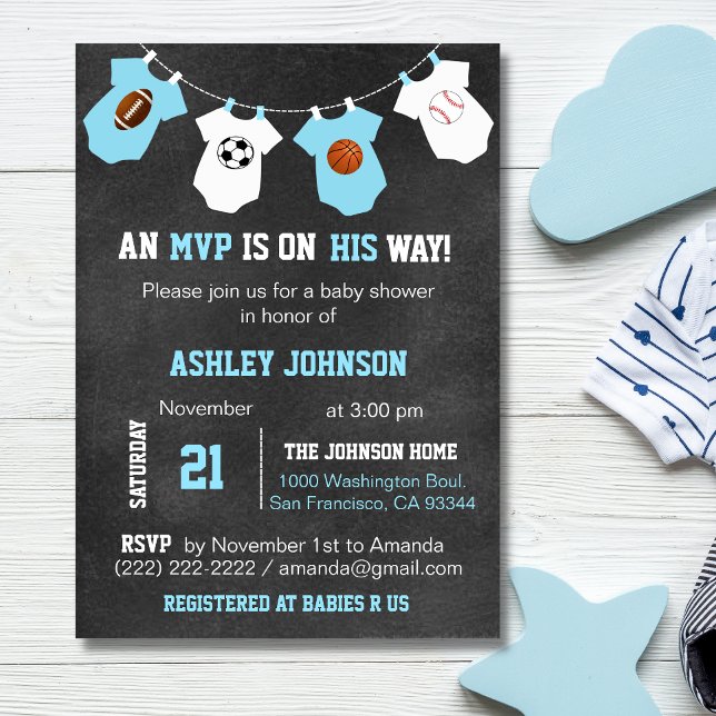 Chalkboard Sports Theme Baby Shower Invitations (Chalkboard Sports Theme Baby Shower Invitations)