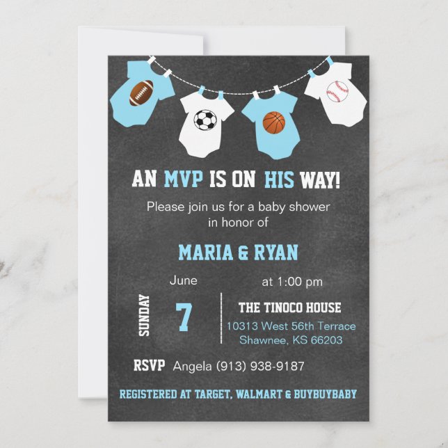 Chalkboard Sports Theme Baby Shower Invitations (Front)