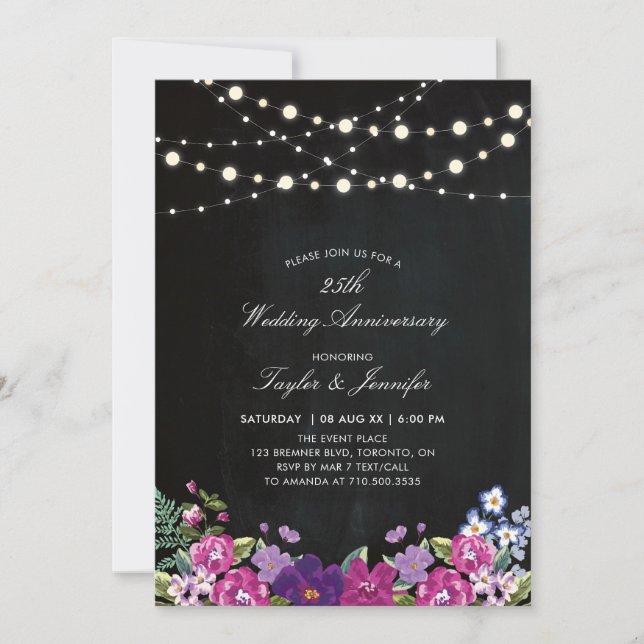 Chalkboard & String Lights 25 Wedding Anniversary Invitation (Front)