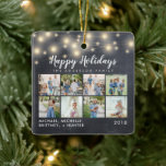 Chalkboard String Lights 8 Photo Holiday Ceramic Ornament<br><div class="desc">Happy Holiday rustic chalkboard background with string lights background that can be customised with 8 photos.</div>