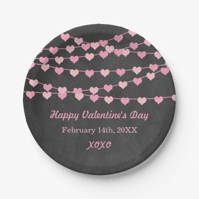 Chalkboard String Love Heart Happy Valentine's Day Paper Plate (Front)