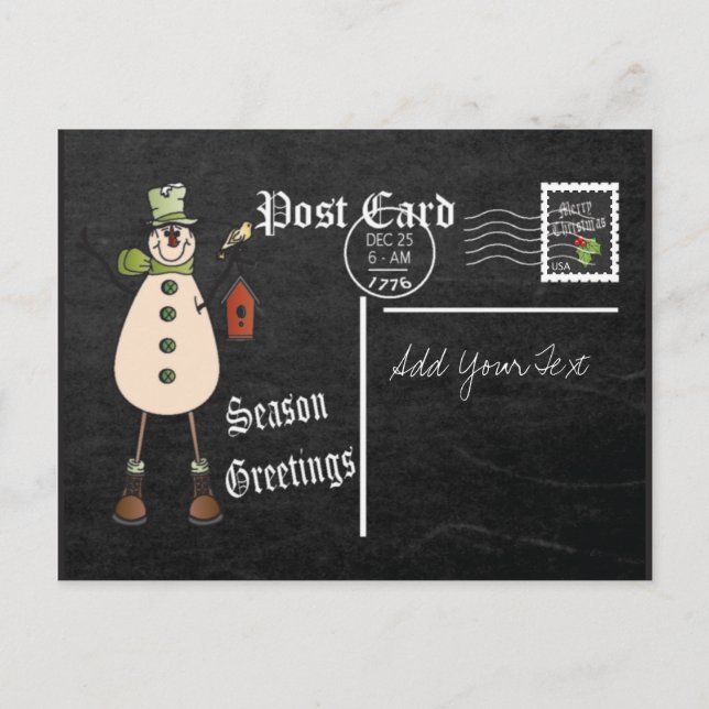 Chalkboard Style Green Snowman Postcard (Front)